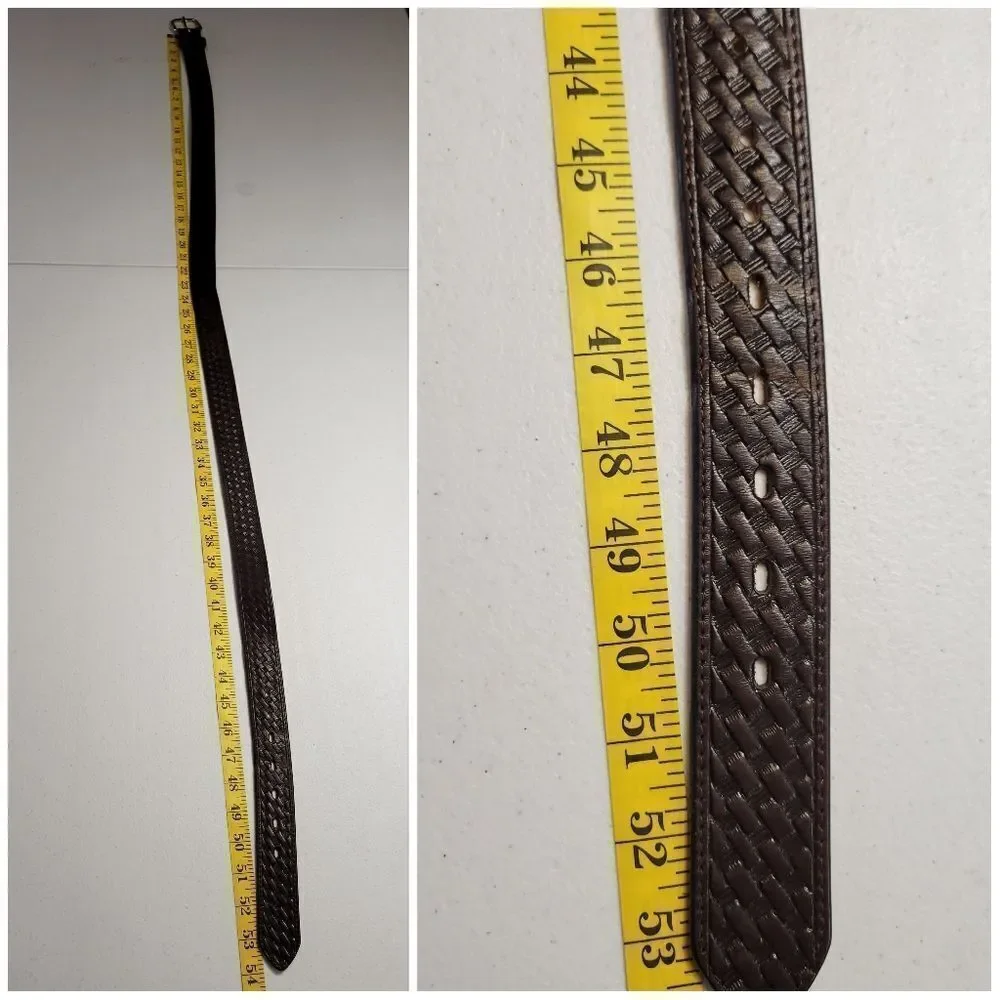 Men's Brown Woven Basket Weave Pattern Leather Belt Size 48 Gold Toned Buckle